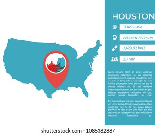 Houston pin point map shape vector infographics template. Modern city data statistic isolated illustration