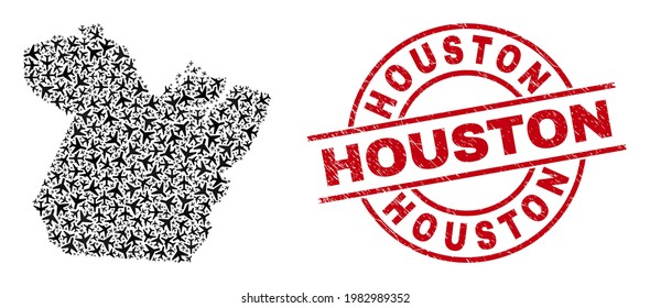 Houston Gummi-Siegel und Paral State-Karte Collage von Luftaufnahmen. Collage Paral State Map, erstellt mit Flugzeugen. Rotes Siegel mit Houston Wort und grunge Gummi Textur.