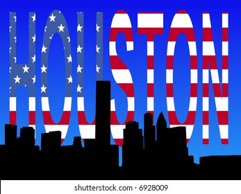Houston skyline with American flag text illustration