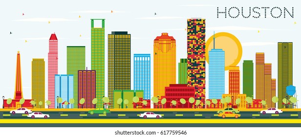 Houston Skyline with Color Buildings and Blue Sky. Vector Illustration. Business Travel and Tourism Concept with Modern Buildings. Image for Presentation Banner Placard and Web Site.