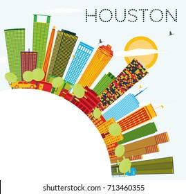 Houston Skyline with Color Buildings, Blue Sky and Copy Space. Vector Illustration. Business Travel and Tourism Concept with Modern Buildings.