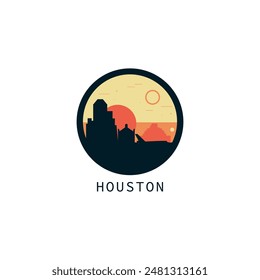 Houston skyline, downtown panorama logo, logotype. USA, Texas state round badge contour, isolated vector vintage pictogram with monuments, landmarks