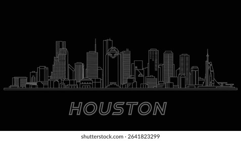 Houston Skyline Outline with Cityscape, Texas, and Black.