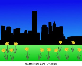 Houston skyline in spring with daffodils illustration
