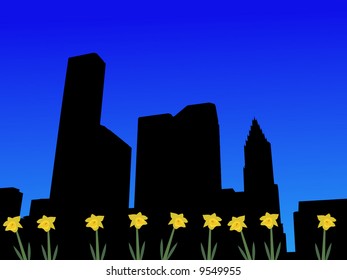 Houston skyline in spring with daffodils illustration