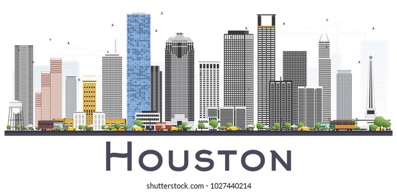 Houston Skyline USA City con edificios de color aislados de fondo blanco. Ilustración vectorial. Concepto de negocios y turismo con arquitectura histórica. Houston Texas Cityscape con monumentos.