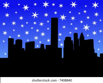 Houston skyline in winter with falling snow illustration