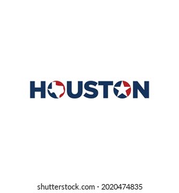 Houston Texas City Logo. Lone Star and Texas Map Icon. Blue and Red Vector Illustration.