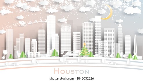 Houston Texas USA City Skyline in Paper Cut Style with Snowflakes, Moon and Neon Garland. Vector Illustration. Christmas and New Year Concept. Santa Claus on Sleigh.