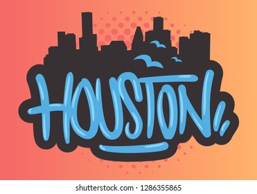 Houston Texas Usa Cityscape City Skyline Silhouette Urban Label Sign Logo Hand Drawn Brush Lettering Calligraphy  Type  Design Vector Graphic
