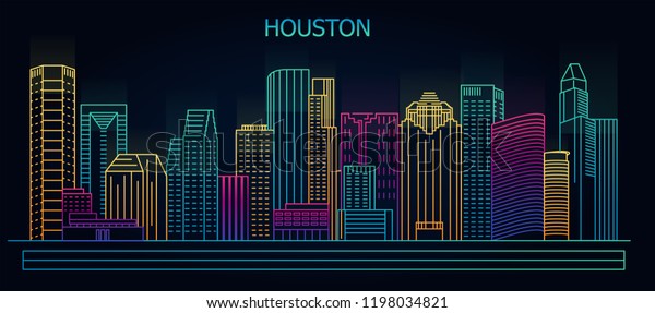 米国テキサス州ヒューストン 夜間の繁華街の高層ビル ベクターイラスト のベクター画像素材 ロイヤリティフリー