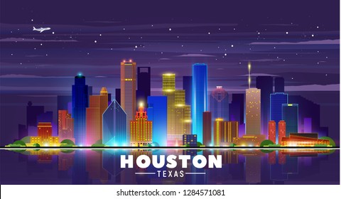 Houston Texas (USA) night city skyline vector illustration on sky background. Business travel and tourism concept with old and modern buildings. Image for presentation, banner, web site.