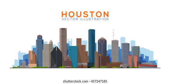 Houston Texas vector illustration. Main buildings panorama. tourism and business picture with Houston city skyline.