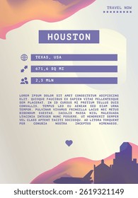 Houston, Texas vector infographics, brochure layout. Guide, leaflet, flyer, advertising graphic template with text, information, USA city skyline shape. Page, festival, cover mock up image