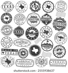 Houston, TX, USA Set of Stamps. City Travel Marks. Made In Product. Design Seals Old Style Insignia.