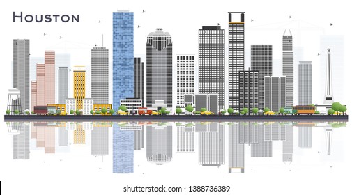 Houston USA City Skyline with Color Buildings and Reflections Isolated on White. Vector Illustration. Business and Tourism Concept with Historic Architecture. Houston Texas Cityscape with Landmarks. 