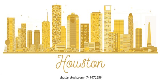 Houston USA City skyline golden silhouette. Vector illustration. Business travel concept. Houston Cityscape with landmarks.