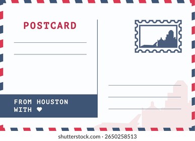 De Houston, EUA modelo de cartão postal. Ilustração de cartão-postal vetorial com carimbo, ponto de referência, mensagem. Layout de imagem simples de saudações simples