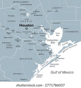 Houston and vicinity, gray political map. Houston, seat of Harris County, and most populous city in the U.S. state of Texas, in the Southern United States near Galveston Bay and Gulf of Mexico. Vector