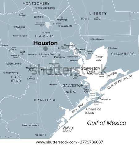 Houston and vicinity, gray political map. Houston, seat of Harris County, and most populous city in the U.S. state of Texas, in the Southern United States near Galveston Bay and Gulf of Mexico. Vector