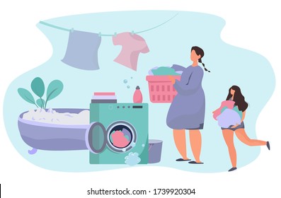 Houswife Laundering Clothes in Washing Machine.Home Household and Wash Clothes.Domestic Work.Putting Clothes in Washing Machine.Every Day Housework Routine during Quarantine.Flat Vector Illustration