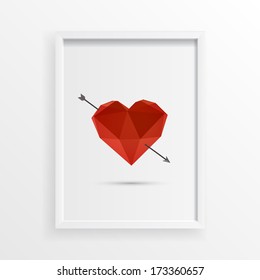 Hover 3d origami red heart design with arrow and shadow in minimal white picture frame Eps 10 vector illustration 