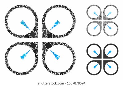 Hover drone composition of uneven parts in variable sizes and color tones, based on hover drone icon. Vector uneven pieces are grouped into collage. Hover drone icons collage with dotted pattern.