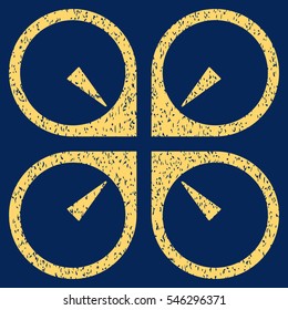 Hover Drone grainy textured icon for overlay watermark stamps. Flat symbol with dirty texture. Dotted vector yellow ink rubber seal stamp with grunge design on a blue background.