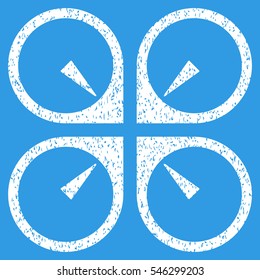 Hover Drone grainy textured icon for overlay watermark stamps. Flat symbol with scratched texture. Dotted vector white ink rubber seal stamp with grunge design on a blue background.