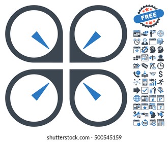 Hover Drone icon with bonus calendar and time management images. Vector illustration style is flat iconic symbols, smooth blue colors, white background.