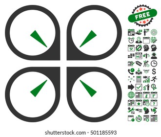 Hover Drone icon with bonus calendar and time management icon set. Vector illustration style is flat iconic symbols, green and gray colors, white background.