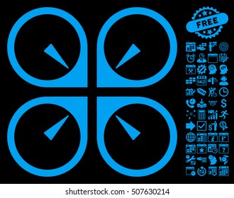Hover Drone icon with bonus calendar and time service pictures. Vector illustration style is flat iconic symbols, blue color, black background.