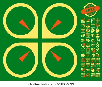 Hover Drone icon with bonus calendar and time management clip art. Vector illustration style is flat iconic symbols, orange and yellow colors, green background.