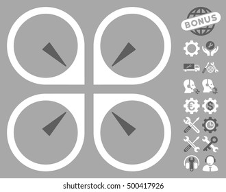 Hover Drone icon with bonus service symbols. Vector illustration style is flat iconic symbols, dark gray and white colors, silver background.