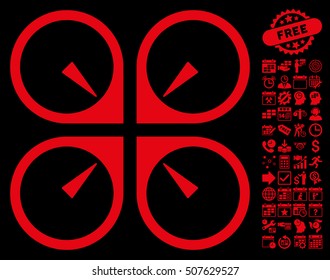 Hover Drone pictograph with bonus calendar and time management symbols. Vector illustration style is flat iconic symbols, red color, black background.