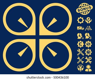 Hover Drone pictograph with bonus configuration clip art. Vector illustration style is flat iconic symbols, yellow color, blue background.