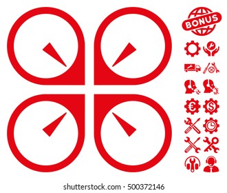 Hover Drone pictograph with bonus options design elements. Vector illustration style is flat iconic symbols, red color, white background.