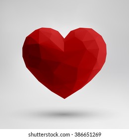 Hover red 3d origami heart design with light and shadow on Empty white studio background
. Eps 10 vector illustration.