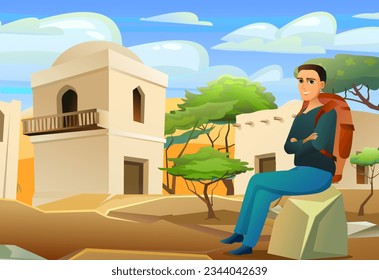 hover tourist with backpack sits on stone in desert near traditional houses. Tourist walking adventure journey. Fun cartoon style. Vector