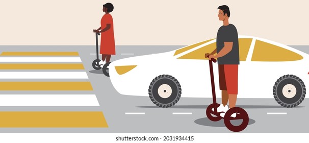 Una pasarela y un coche en un paso peatonal. Ilustración de material vectorial plano. Hombre, mujer con transporte urbano. Concepto eléctrico ecológico. Motocicleta Gyro en la carretera. Gráficos vectoriales