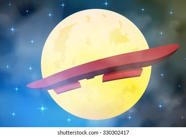 hoverboard flying in front of the moon and stars vector illustration