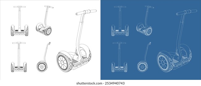 Hoverboard con el Vector de la manija. Modelo eléctrico del dibujo del arte de la línea del vehículo aislado en fondo transparente 