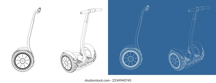 hoverboard with handle vector. electric vehicle line art draw blueprint isolated in transparent background 