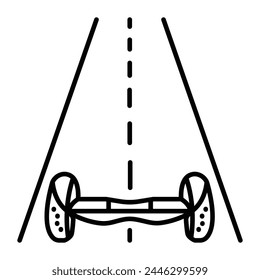 Hoverboard on road, black line vector icon, modern mobile electric transport sign