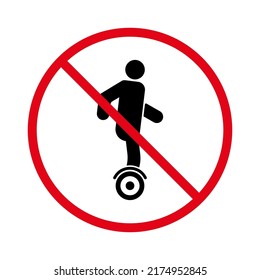 Icono de silueta negra de restricción de sobremesas. Gyroscooter Eléctrico Prohibido Pictograma. Símbolo de paro rojo de la motocicleta Gyro Scooter. No se permite el cartón de control. Prohibición de la sobretabla. Ilustración de vectores aislados.