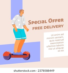 Oferta especial de sobreprecio y entrega gratuita de productos. Oferta especial para transporte ecológicamente amigable y limpio para la ciudad. Cartel promocional o afiche publicitario, vector de estilo plano