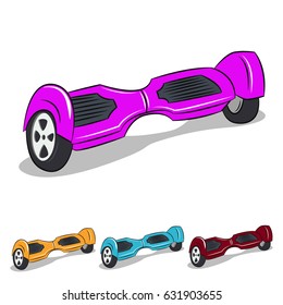 Hoverboard two-wheel self-balancing scooter. Vector cartoon illustration of eco electric transport in different colors isolated on white background.