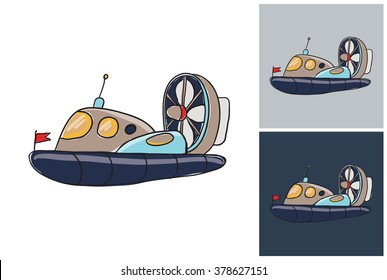 Hovercraft vector sketch in kids style on white, gray and dark background.