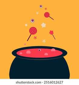 Hovering above the cauldron are playful elements like candy lollipops, star-shaped candies, and a pair of floating eyeballs, giving the scene a magical and slightly eerie vibe.