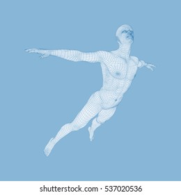 Hovering in Air. Man Floating in the Air. 3D Model of Man. Human Body. Design Element. Vector Illustration.